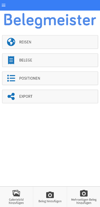 Menüpunkte der Belegmeister-App