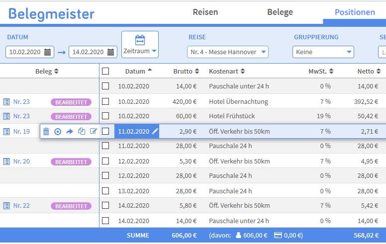 Abrechnungspositionen bearbeiten